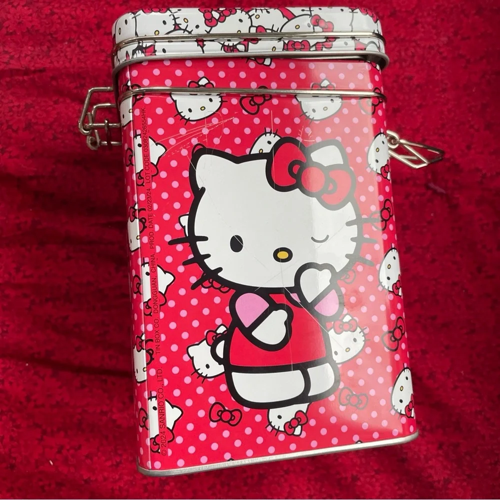 Hello Kitty Silver‎ and Red Metal Tin with hinged lid 6.5x4x4 in